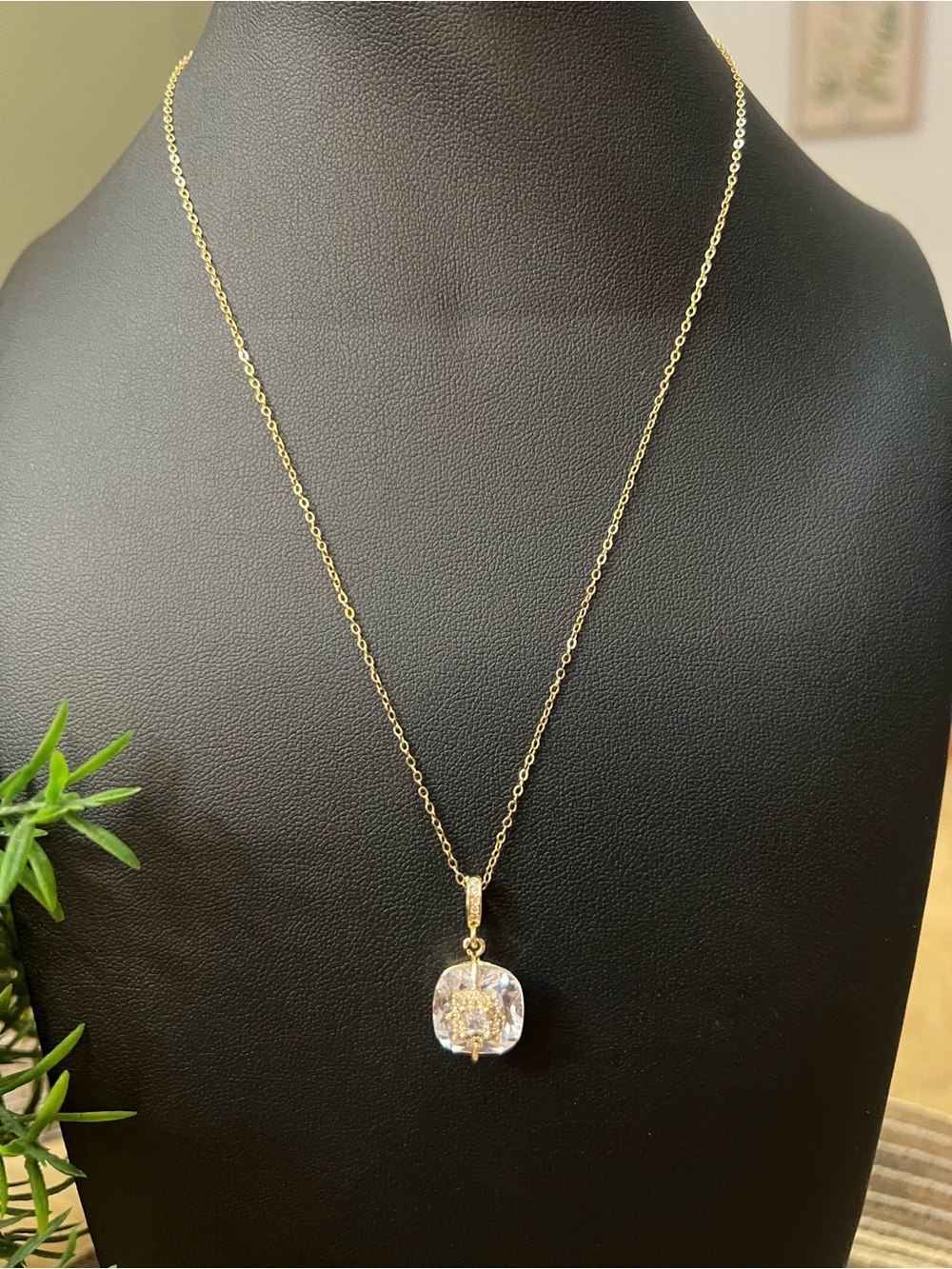 Gold Pendant Necklace with Clear Crystal Charm